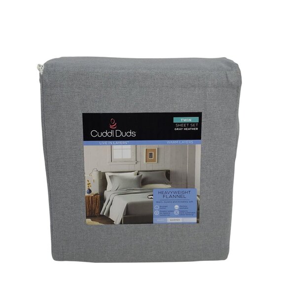 Cuddl Duds Heavyweight Cotton Flannel Twin Sheet Set Gray Heather Sheets New - Picture 1 of 6